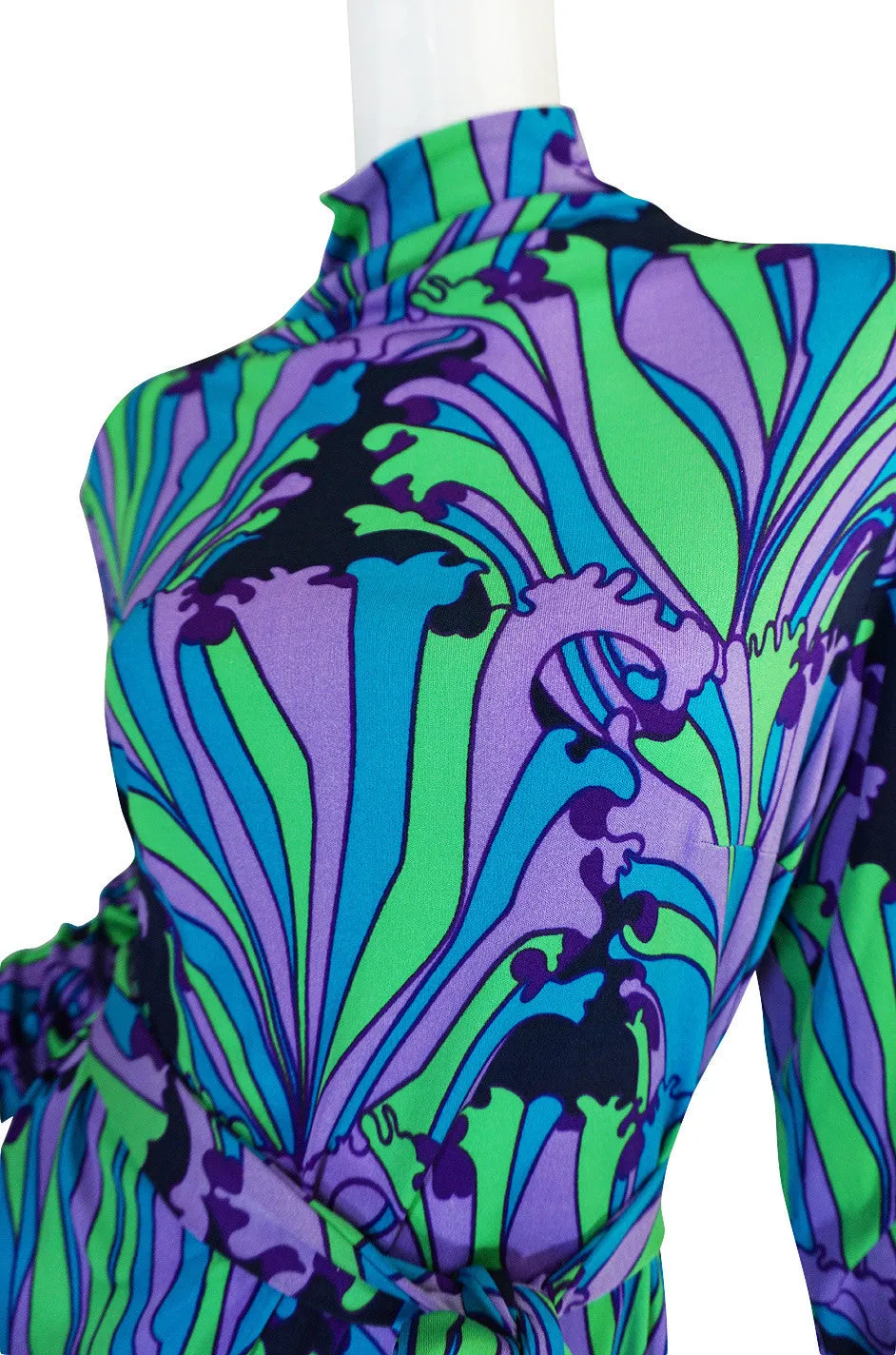 1970s La Mendola Beautifully Printed Silk Jersey Dress