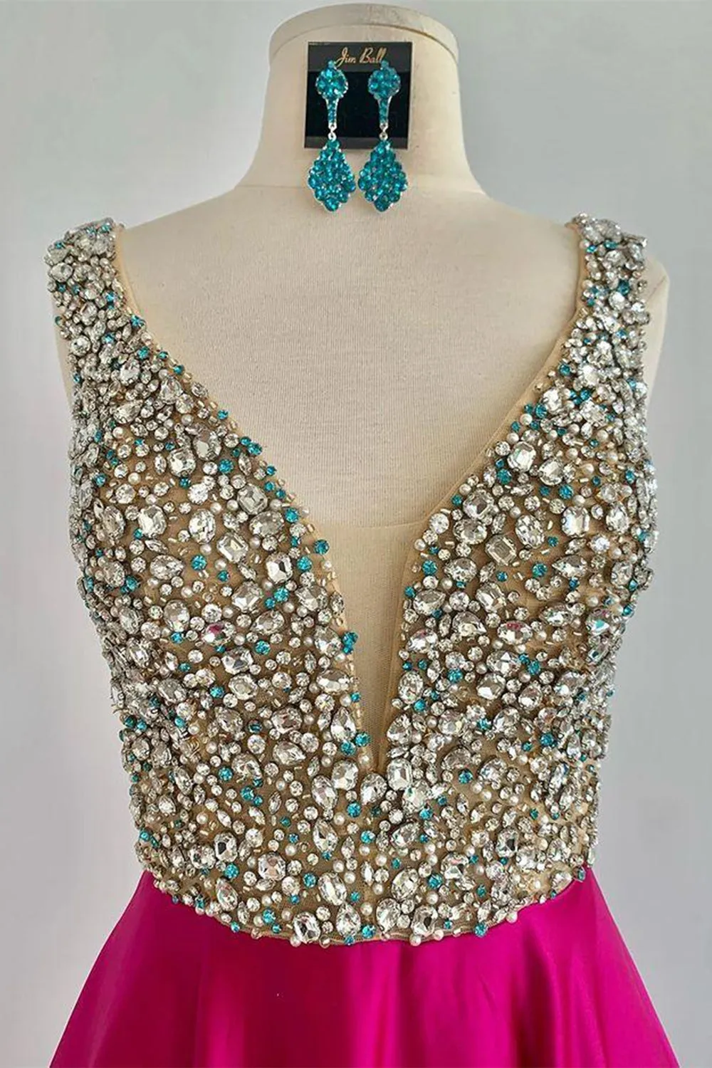 A Line V Neck Beaded Fuchsia Long Prom Dress, V Neck Fuchsia Formal Dress, Beaded Fuchsia Evening Dress A1340