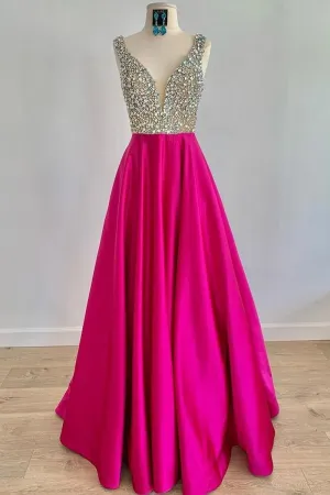 A Line V Neck Beaded Fuchsia Long Prom Dress, V Neck Fuchsia Formal Dress, Beaded Fuchsia Evening Dress A1340