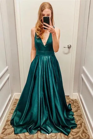 A Line V Neck Green Satin Long Prom Dress, V Neck Green Formal Graduation Evening Dress