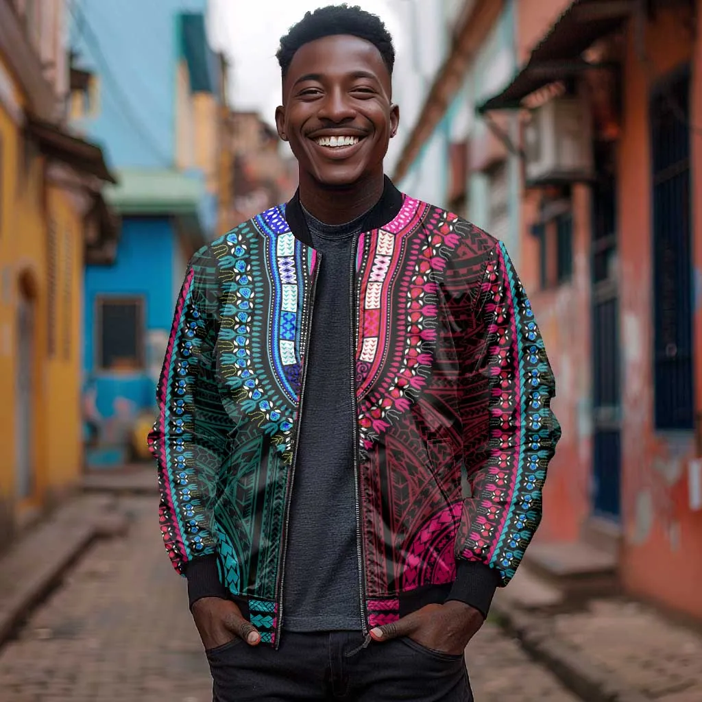 African Dashiki and Polynesian Pattern Bomber Jacket Half Teal-Pink LT9