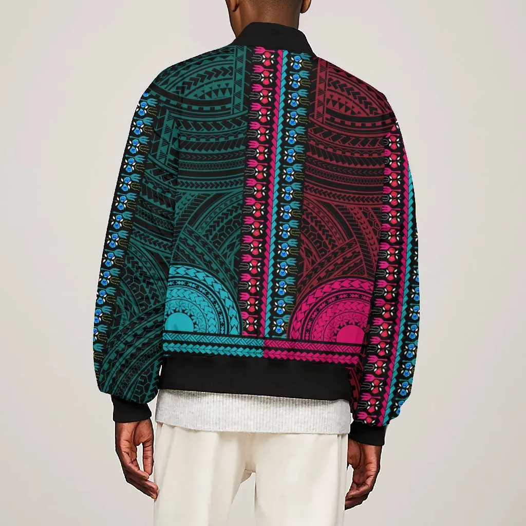 African Dashiki and Polynesian Pattern Bomber Jacket Half Teal-Pink LT9
