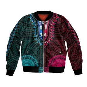 African Dashiki and Polynesian Pattern Bomber Jacket Half Teal-Pink LT9