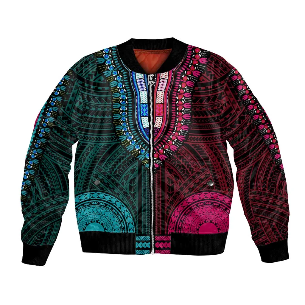 African Dashiki and Polynesian Pattern Bomber Jacket Half Teal-Pink LT9