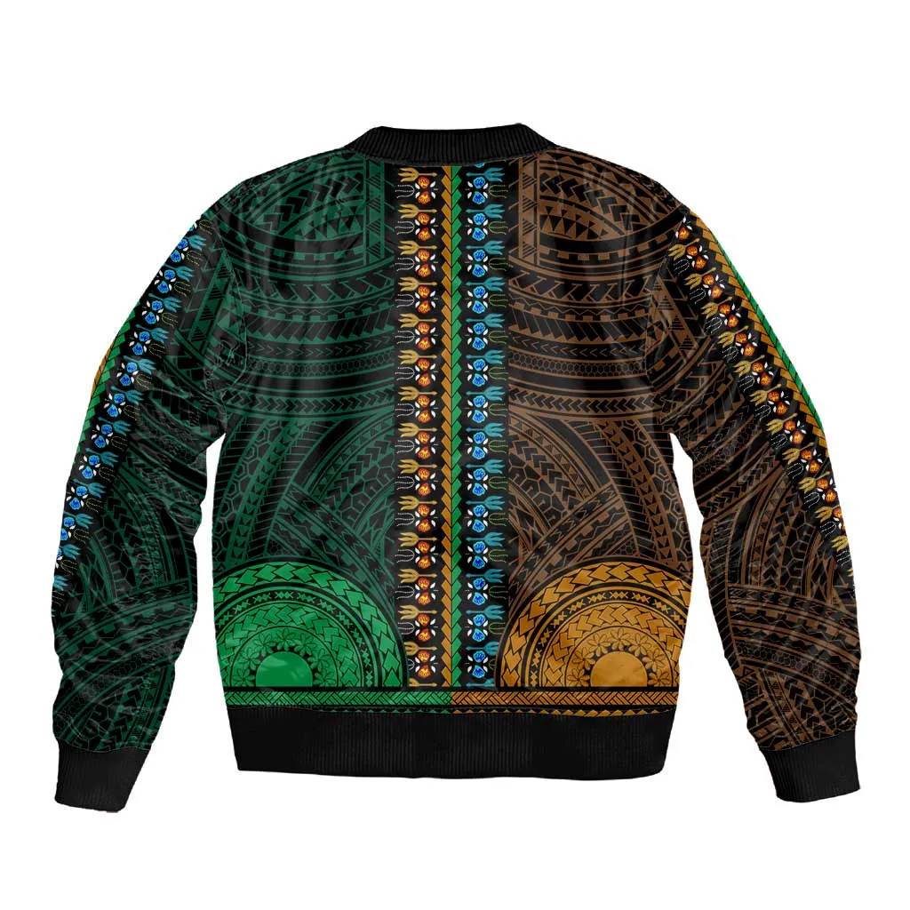 African Dashiki and Polynesian Pattern Sleeve Zip Bomber Jacket Half Green-Gold LT9