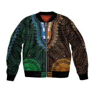 African Dashiki and Polynesian Pattern Sleeve Zip Bomber Jacket Half Green-Gold LT9