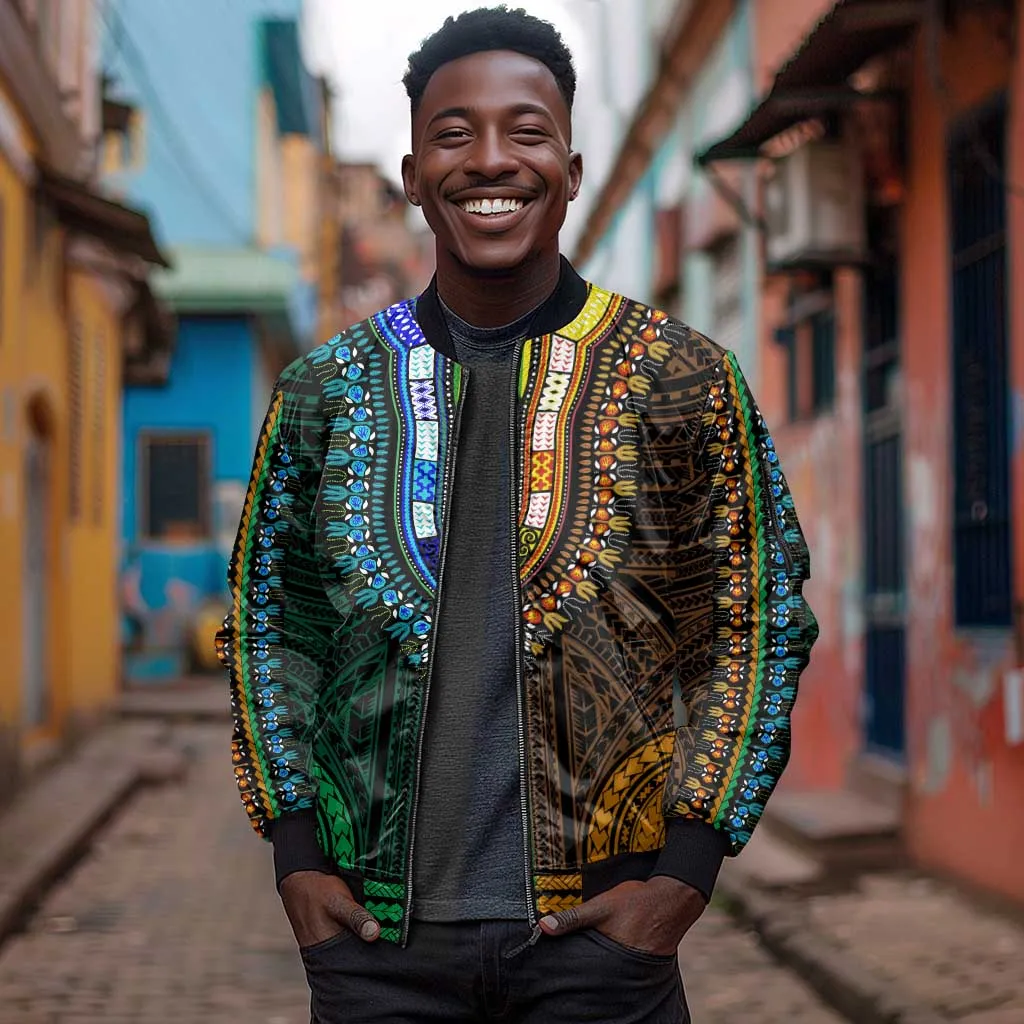 African Dashiki and Polynesian Pattern Sleeve Zip Bomber Jacket Half Green-Gold LT9