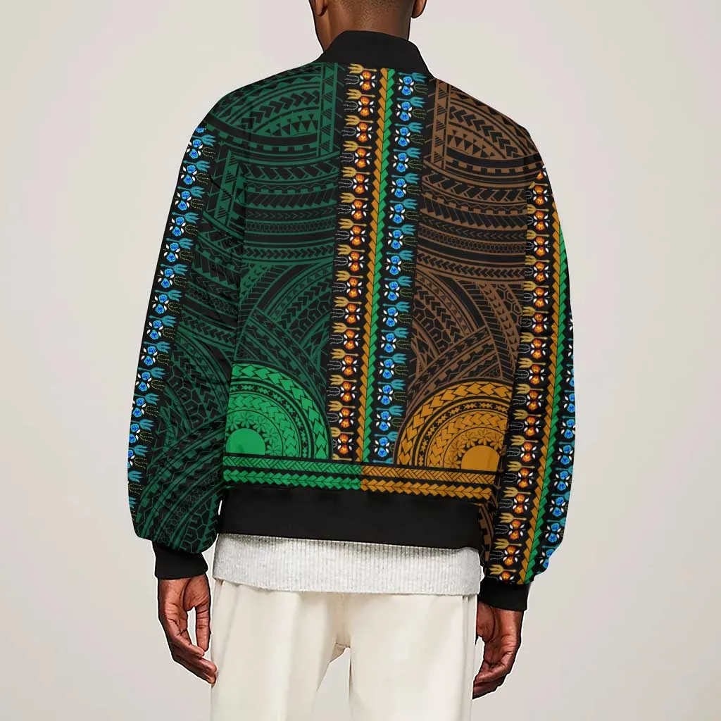 African Dashiki and Polynesian Pattern Sleeve Zip Bomber Jacket Half Green-Gold LT9