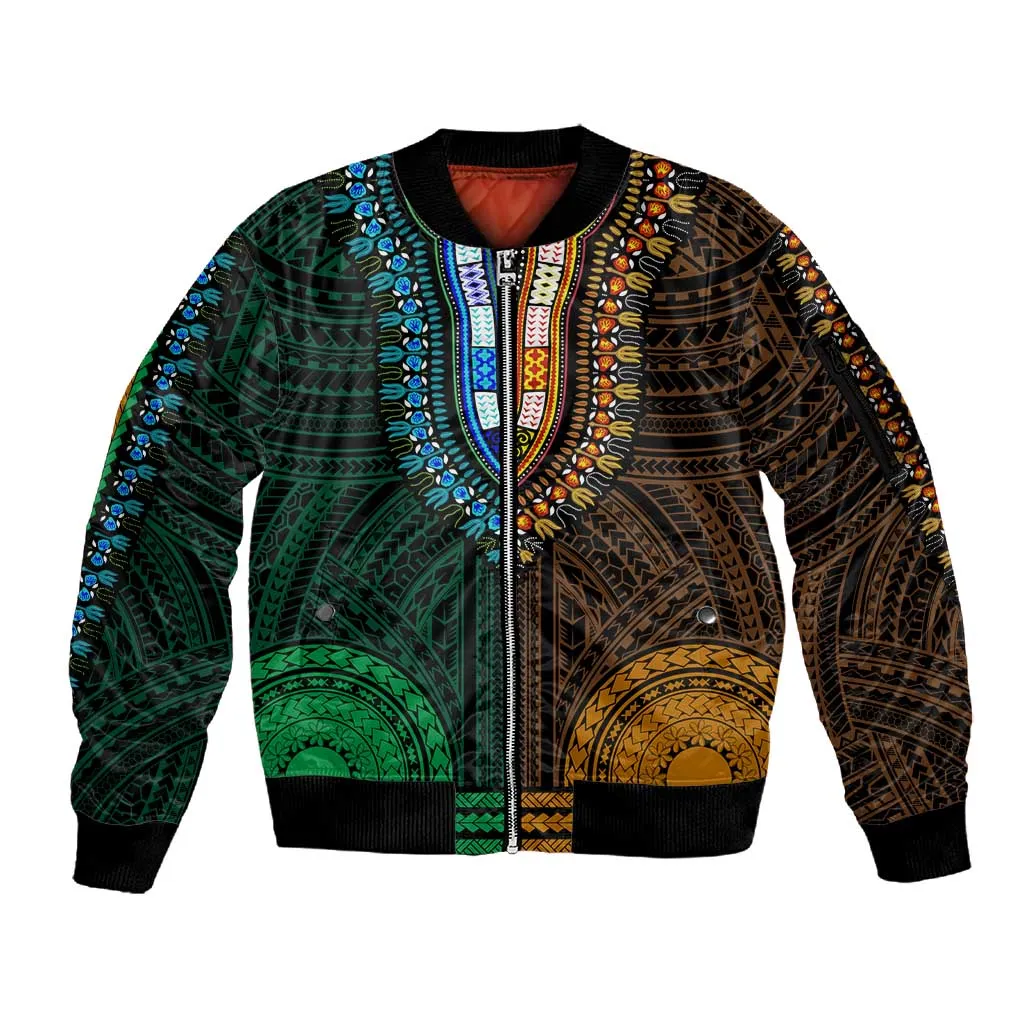 African Dashiki and Polynesian Pattern Sleeve Zip Bomber Jacket Half Green-Gold LT9