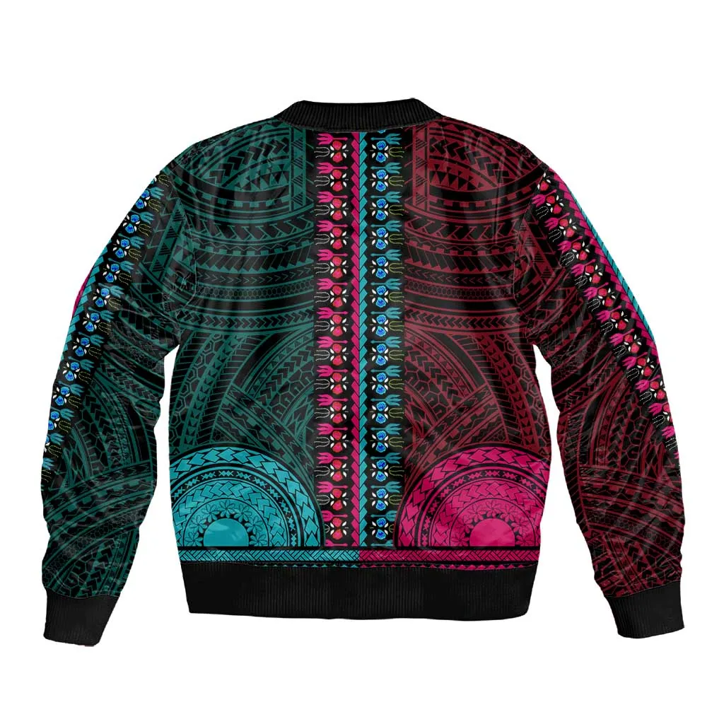 African Dashiki and Polynesian Pattern Sleeve Zip Bomber Jacket Half Teal-Pink LT9
