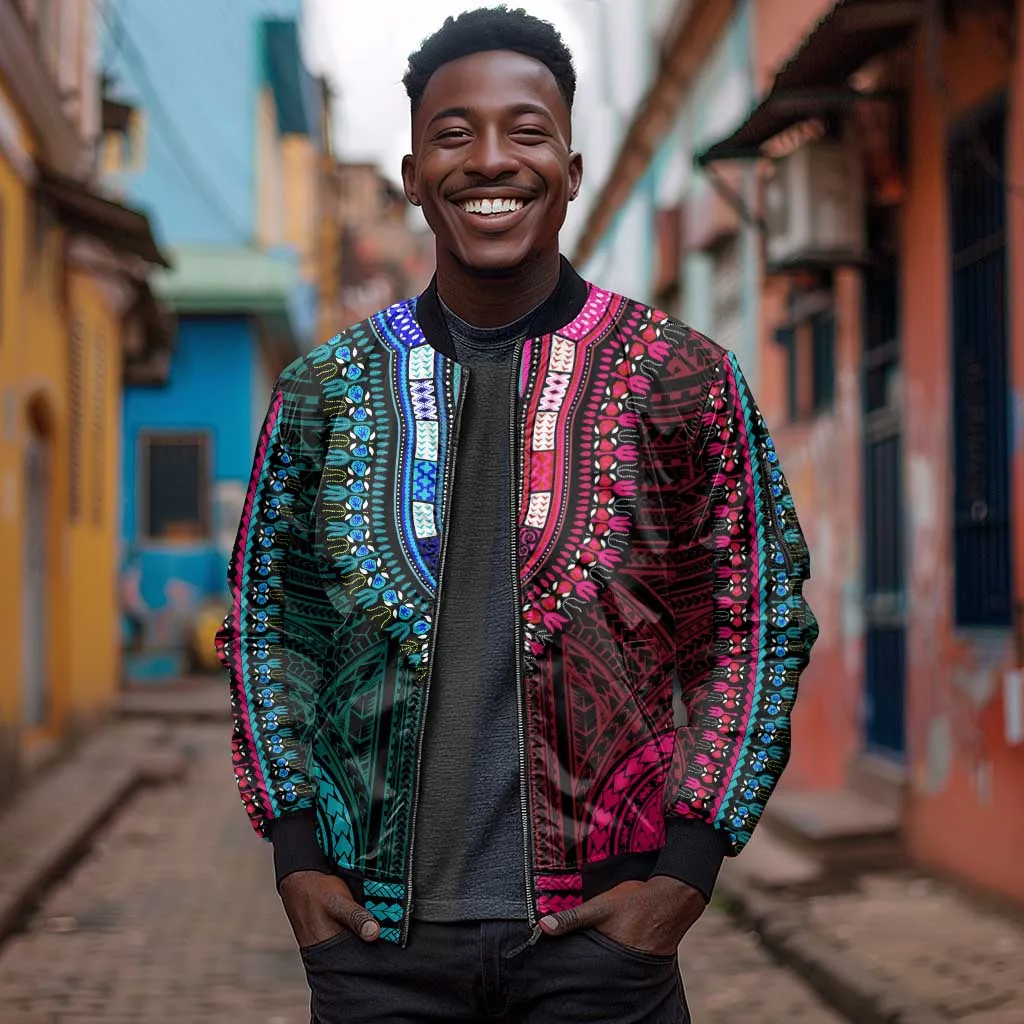 African Dashiki and Polynesian Pattern Sleeve Zip Bomber Jacket Half Teal-Pink LT9