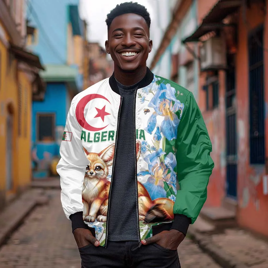 Afro Algeria Bomber Jacket Fennec Fox With Blue Isris Flower LT15