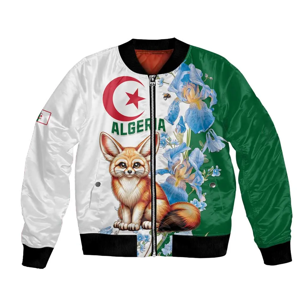 Afro Algeria Bomber Jacket Fennec Fox With Blue Isris Flower LT15