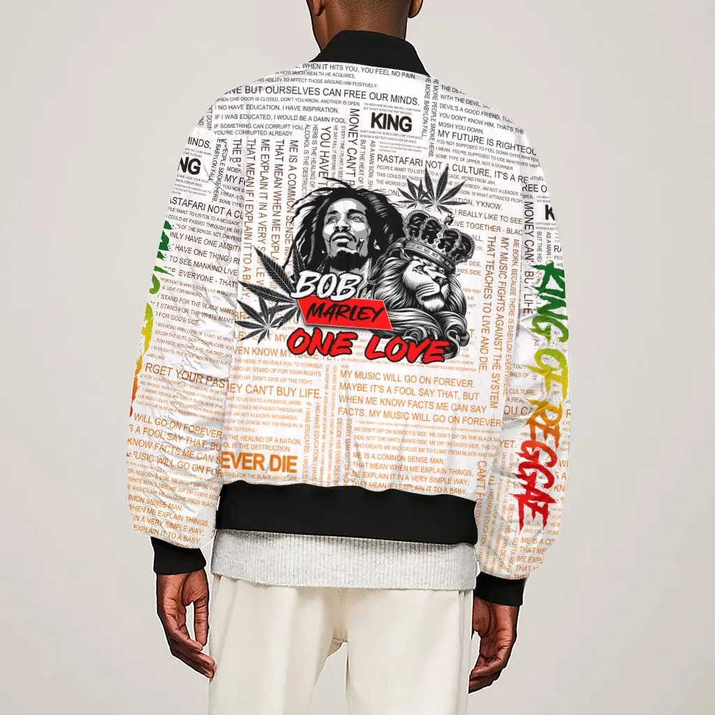 Afro King of Reggae Legend Bob Sleeve Zip Bomber Jacket Rastafari Lion Cannabis Typography Style DT02