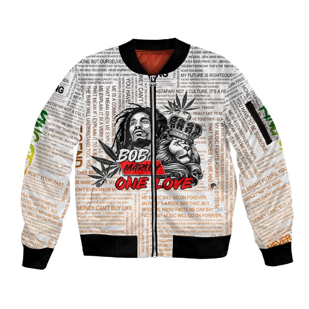 Afro King of Reggae Legend Bob Sleeve Zip Bomber Jacket Rastafari Lion Cannabis Typography Style DT02