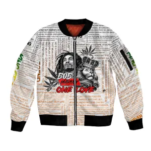 Afro King of Reggae Legend Bob Sleeve Zip Bomber Jacket Rastafari Lion Cannabis Typography Style DT02