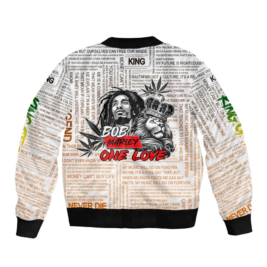 Afro King of Reggae Legend Bob Sleeve Zip Bomber Jacket Rastafari Lion Cannabis Typography Style DT02