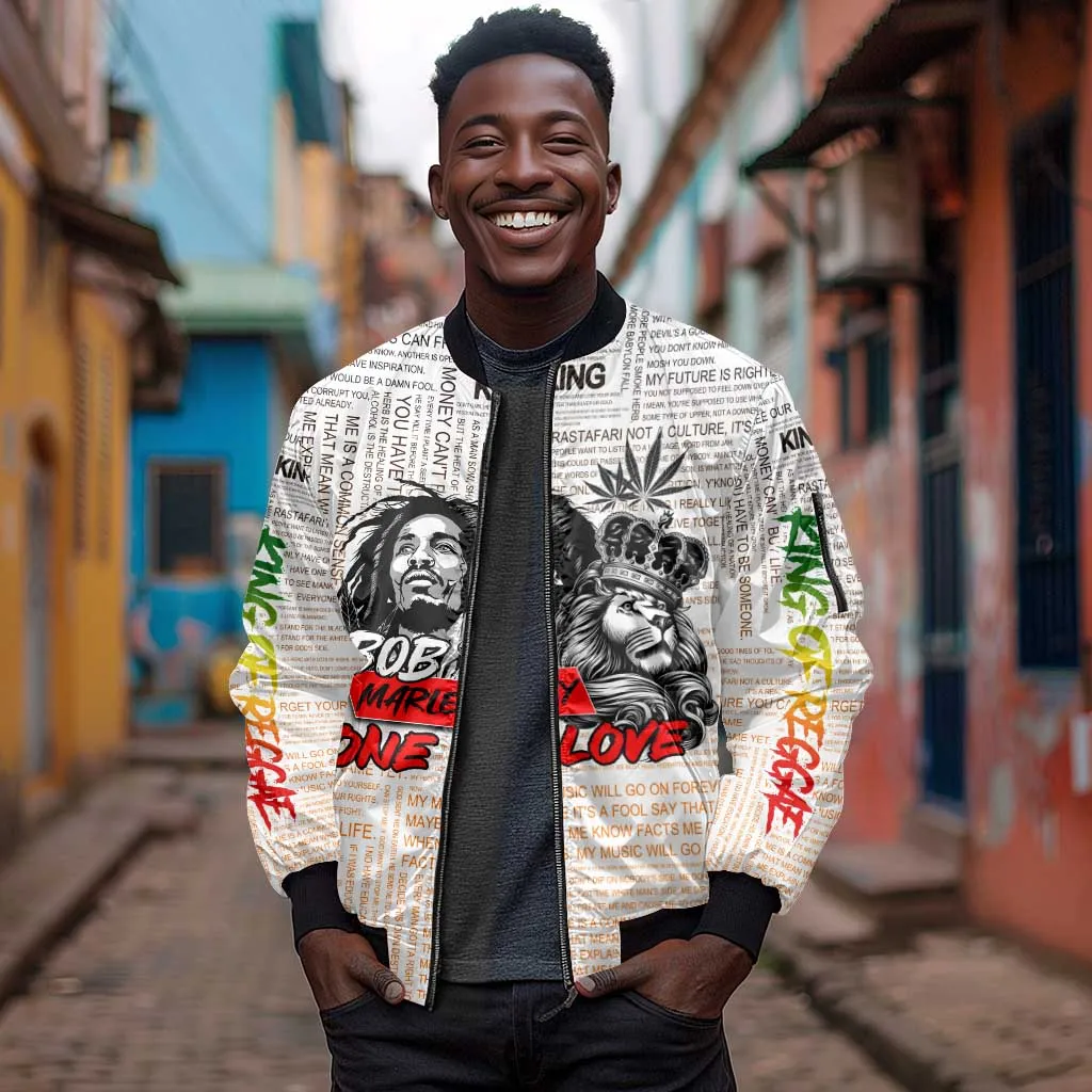 Afro King of Reggae Legend Bob Sleeve Zip Bomber Jacket Rastafari Lion Cannabis Typography Style DT02