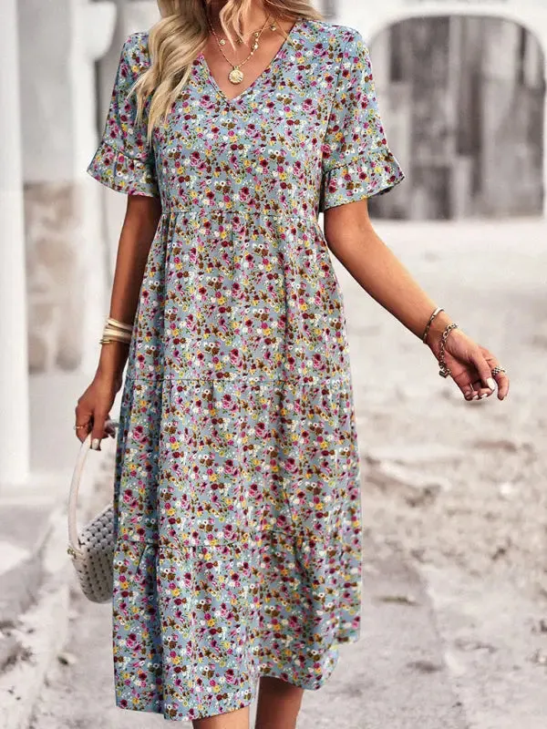 Aica - Elegant V-neck Mini Holiday Dress with Short Sleeves