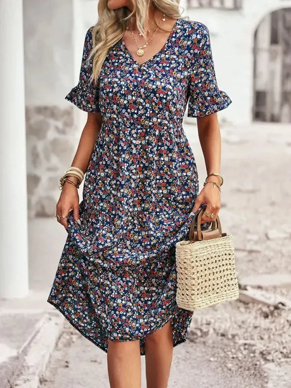 Aica - Elegant V-neck Mini Holiday Dress with Short Sleeves