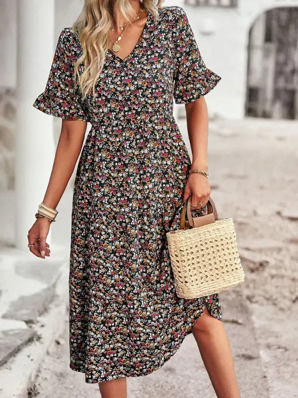 Aica - Elegant V-neck Mini Holiday Dress with Short Sleeves