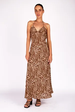 ANIMAL BROWN PRINT MAXI DRESS