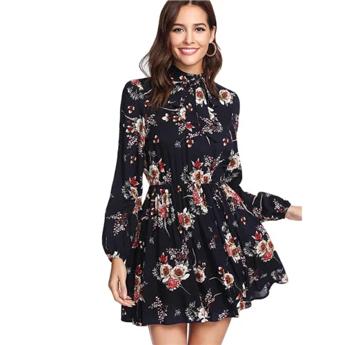 Autumn Floral Women Dresses Multicolor Elegant Long Sleeve High Waist A Line Chic Dress Ladies Tie Neck Dress