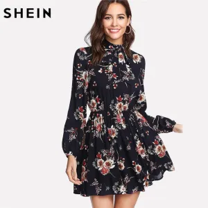 Autumn Floral Women Dresses Multicolor Elegant Long Sleeve High Waist A Line Chic Dress Ladies Tie Neck Dress
