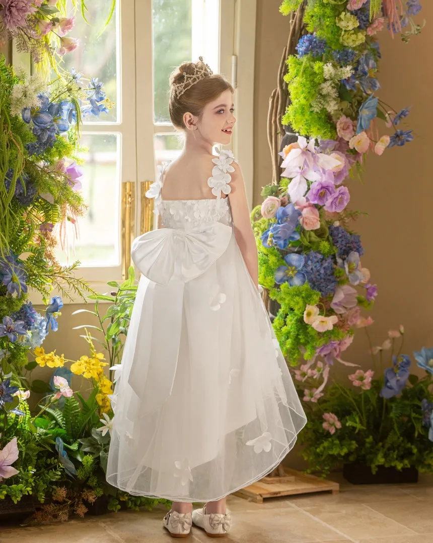 Ball-Gown/Princess V-Neck Asymmetrical Tulle Flower Girl Dress With Beading/3D Floral/Bow
