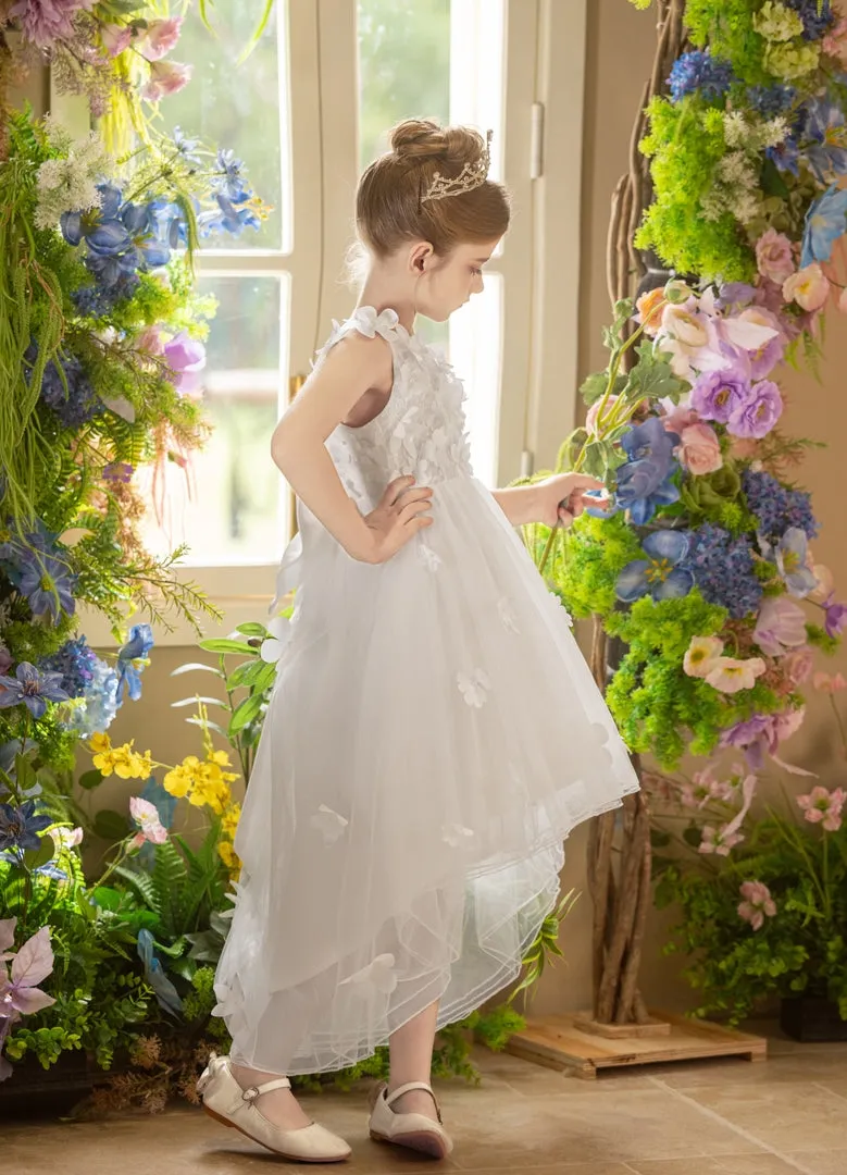 Ball-Gown/Princess V-Neck Asymmetrical Tulle Flower Girl Dress With Beading/3D Floral/Bow