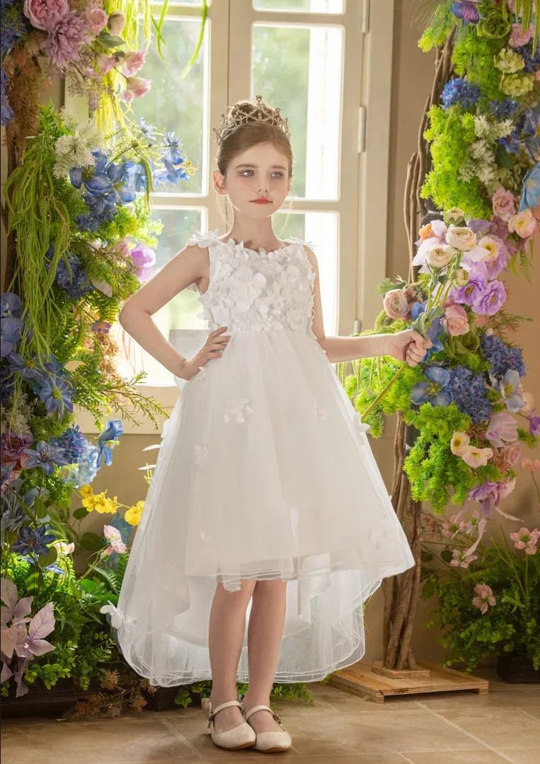 Ball-Gown/Princess V-Neck Asymmetrical Tulle Flower Girl Dress With Beading/3D Floral/Bow