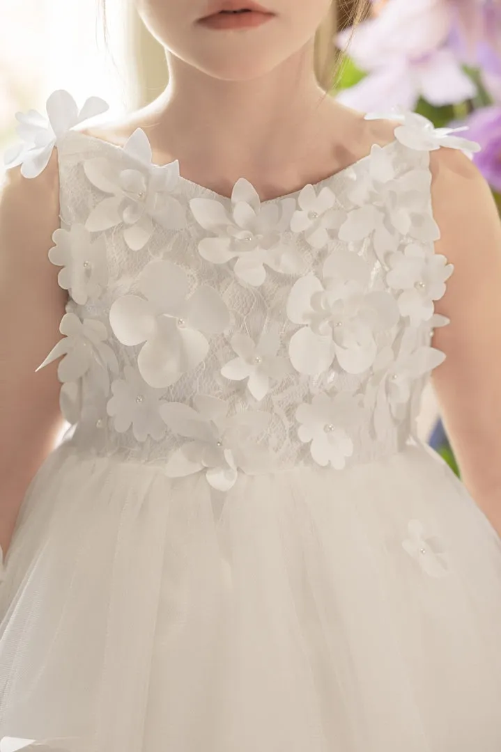 Ball-Gown/Princess V-Neck Asymmetrical Tulle Flower Girl Dress With Beading/3D Floral/Bow