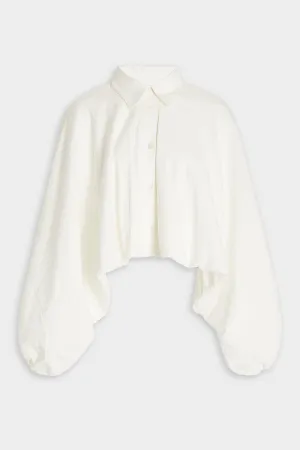 Balloon-Sleeve Cropped Linen-Blend Shirt in White