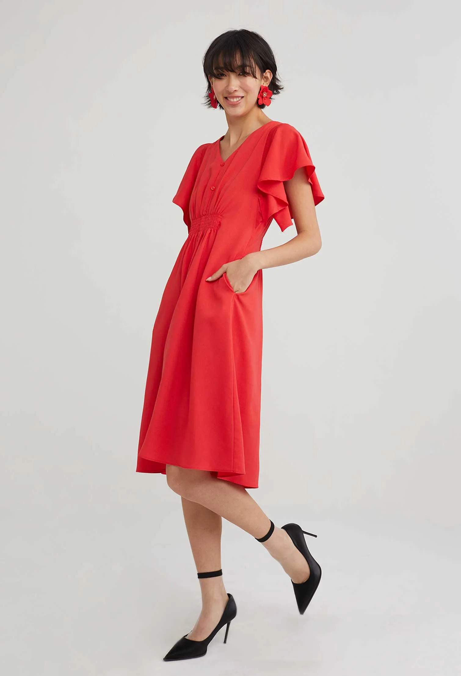 Batwing V Neck Midi Dress