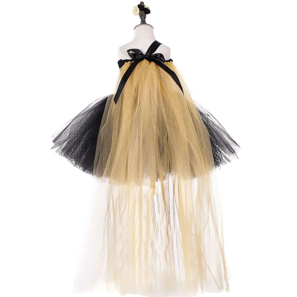 Black Gold Flower Petals Tutu Dress Tulle Girls Evening Pageant Dress