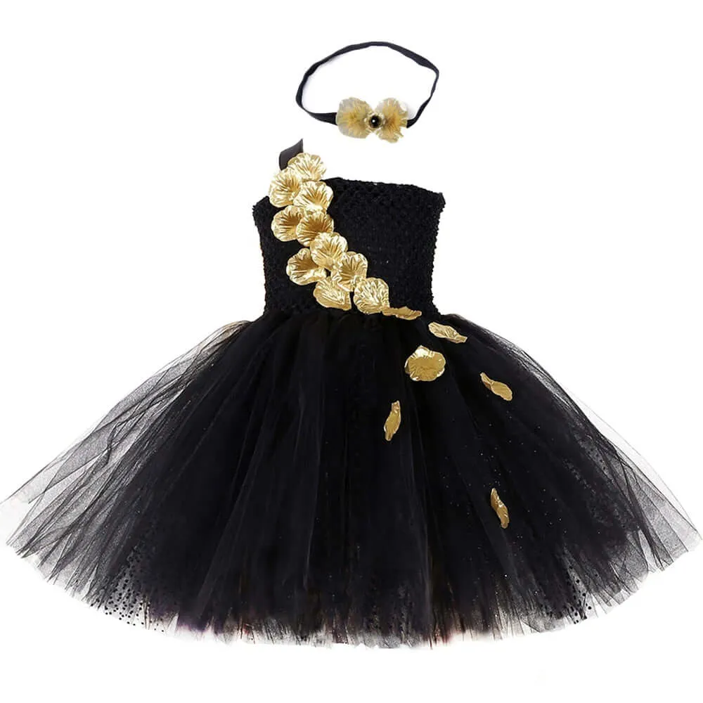 Black Gold Flower Petals Tutu Dress Tulle Girls Evening Pageant Dress