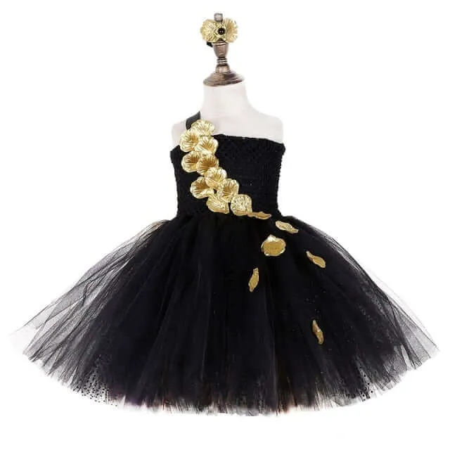Black Gold Flower Petals Tutu Dress Tulle Girls Evening Pageant Dress