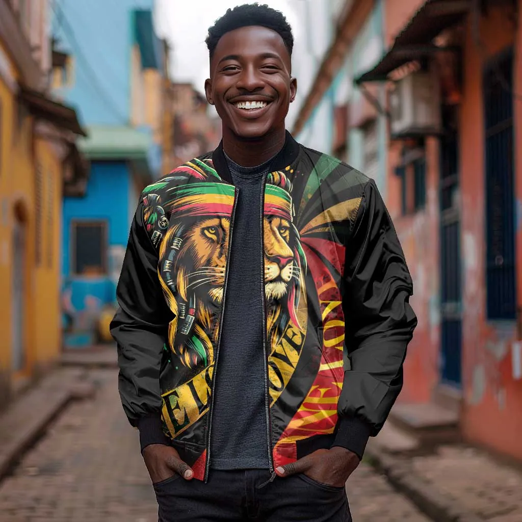 Black Jamaican Bomber Jacket Rastafarian Lion One Love LT9