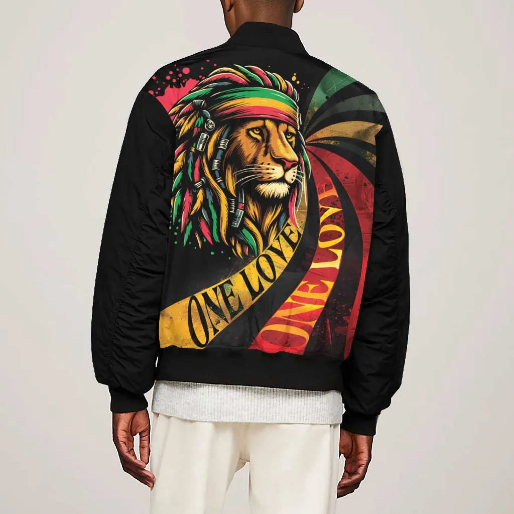 Black Jamaican Bomber Jacket Rastafarian Lion One Love LT9