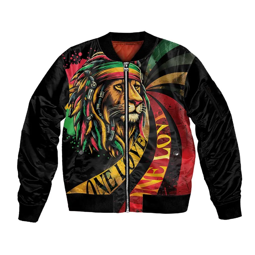 Black Jamaican Sleeve Zip Bomber Jacket Rastafarian Lion One Love LT9