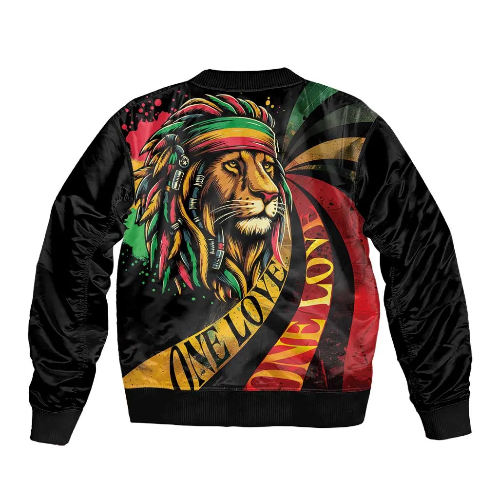 Black Jamaican Sleeve Zip Bomber Jacket Rastafarian Lion One Love LT9