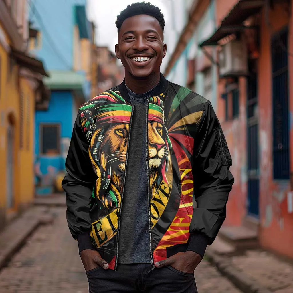 Black Jamaican Sleeve Zip Bomber Jacket Rastafarian Lion One Love LT9