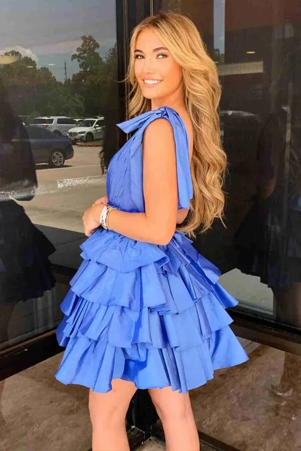 Blue A-line V-neck Bow Sleeves Tiered Short Homecoming Dresses, MH631