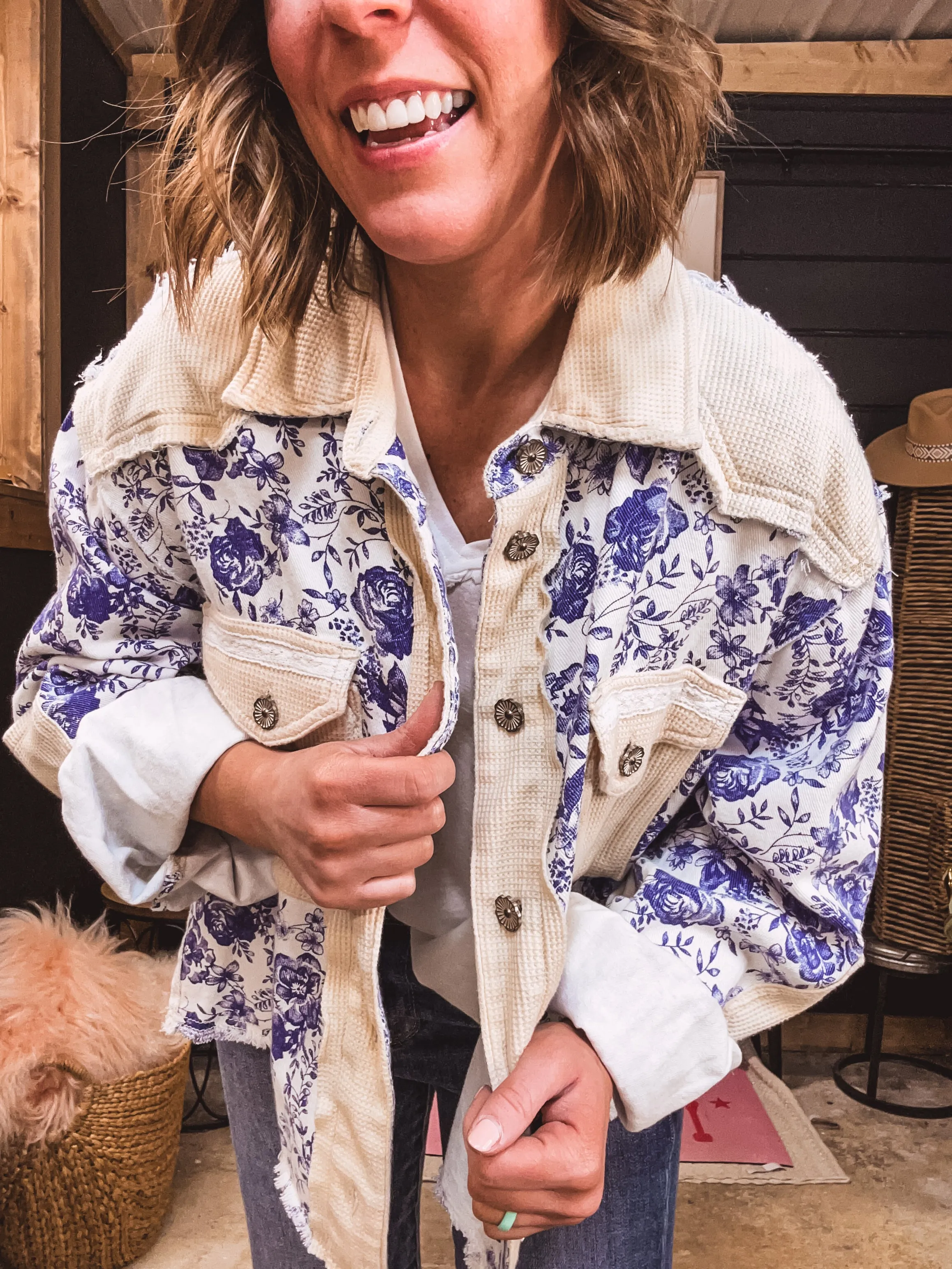 Blue   Ivory Floral Print Lace Back Jacket