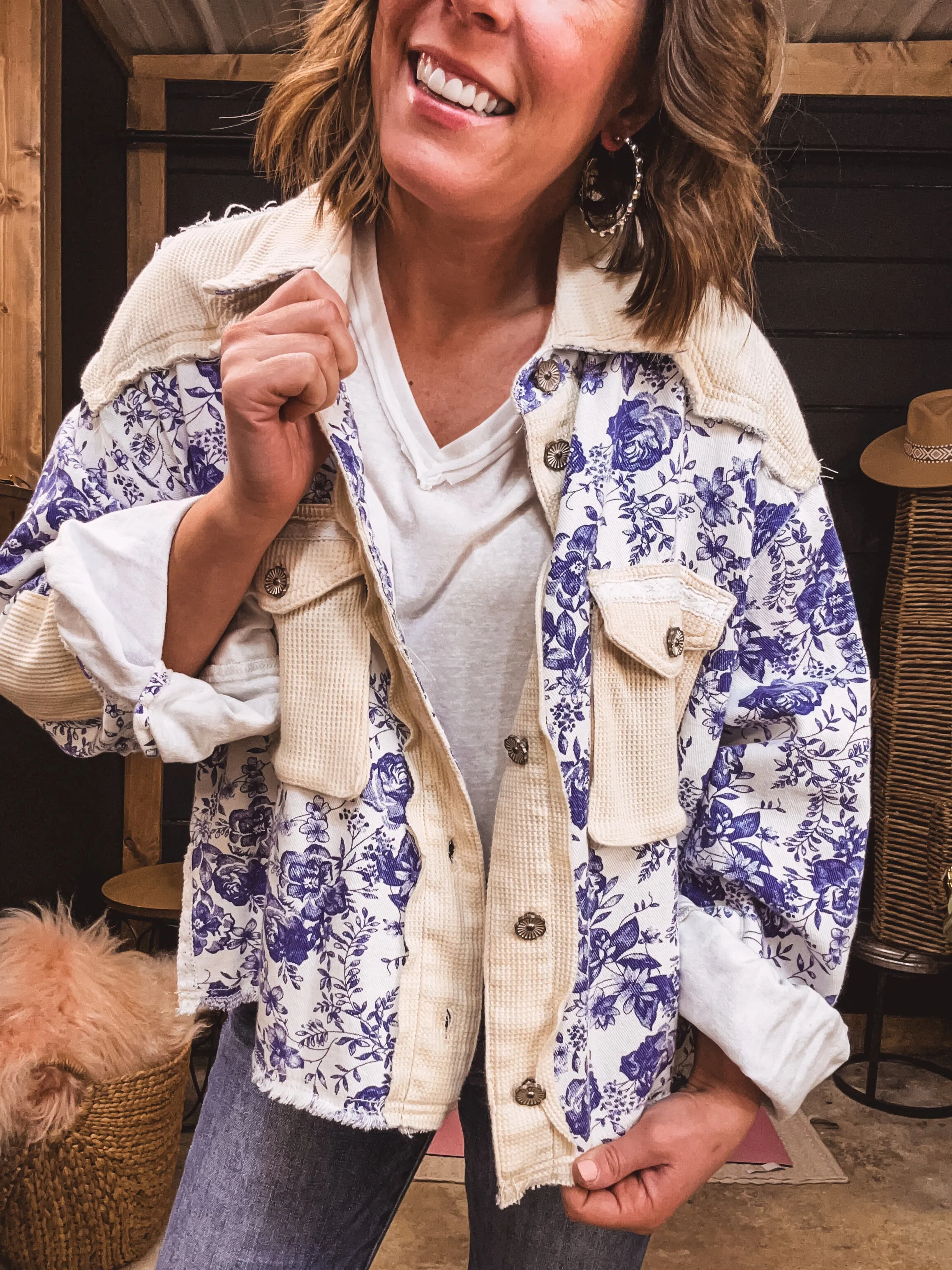 Blue   Ivory Floral Print Lace Back Jacket