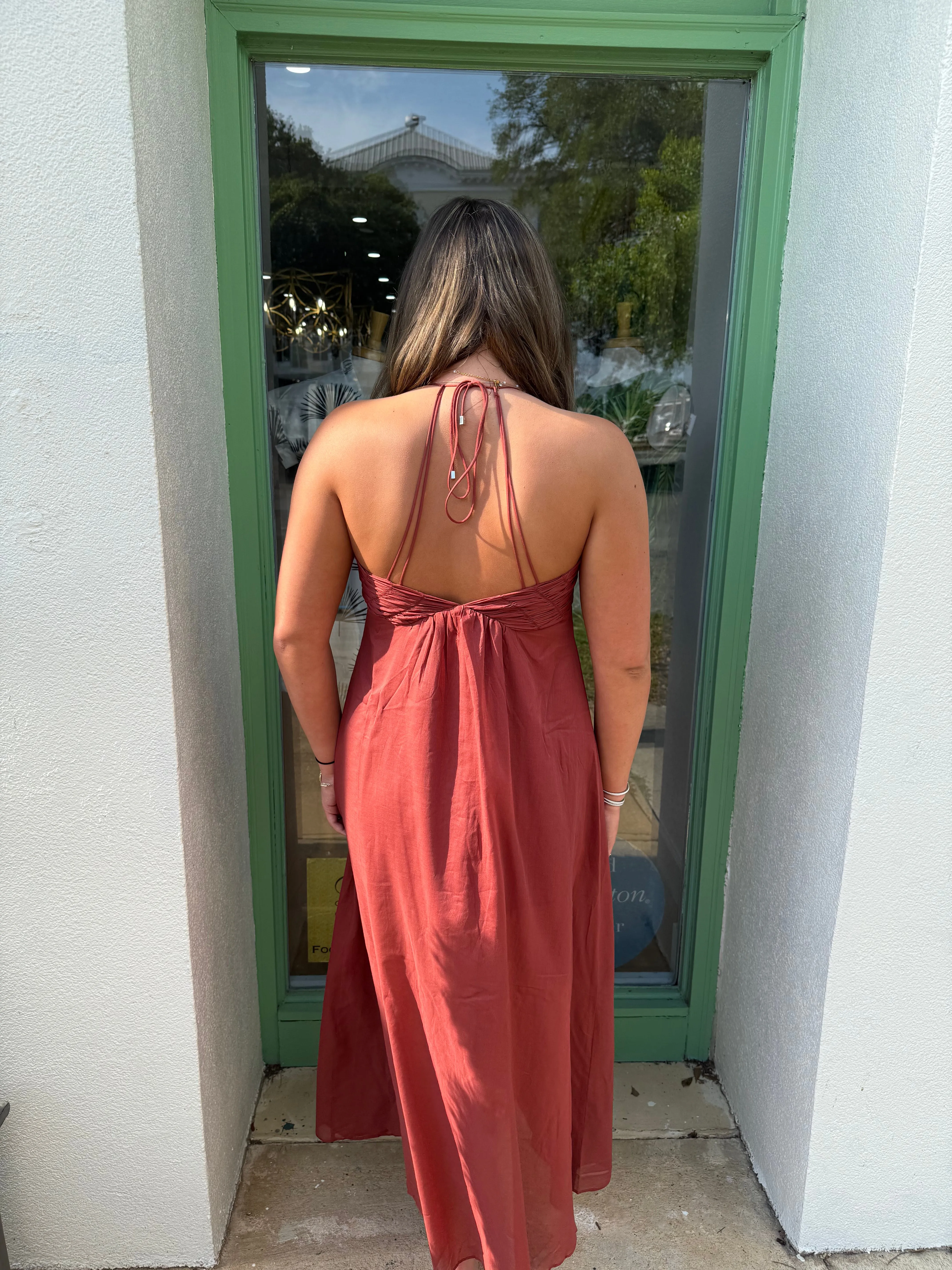 Brianna V-Neck Smocked Halter Dress