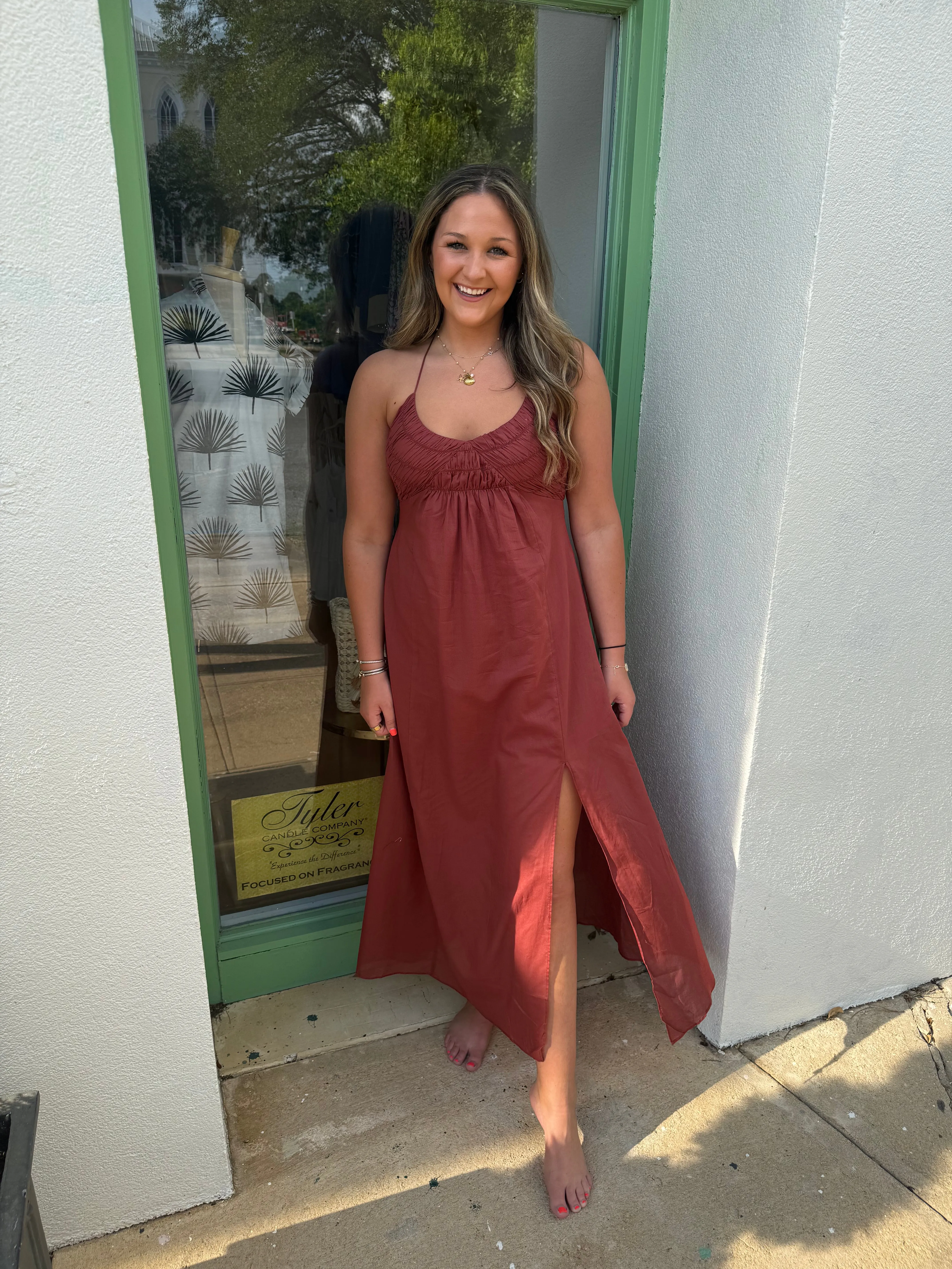 Brianna V-Neck Smocked Halter Dress