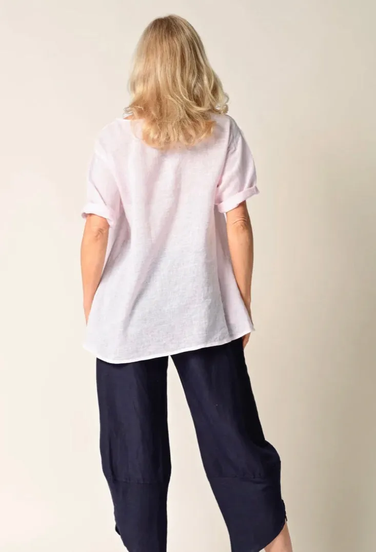 Brooks Linen Top In White   Blush
