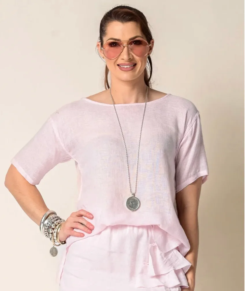 Brooks Linen Top In White   Blush