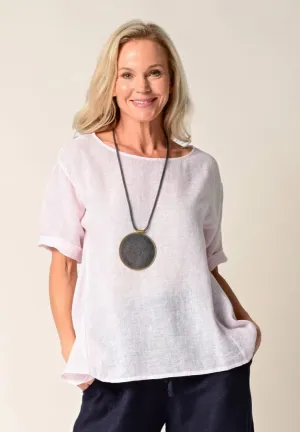 Brooks Linen Top In White   Blush